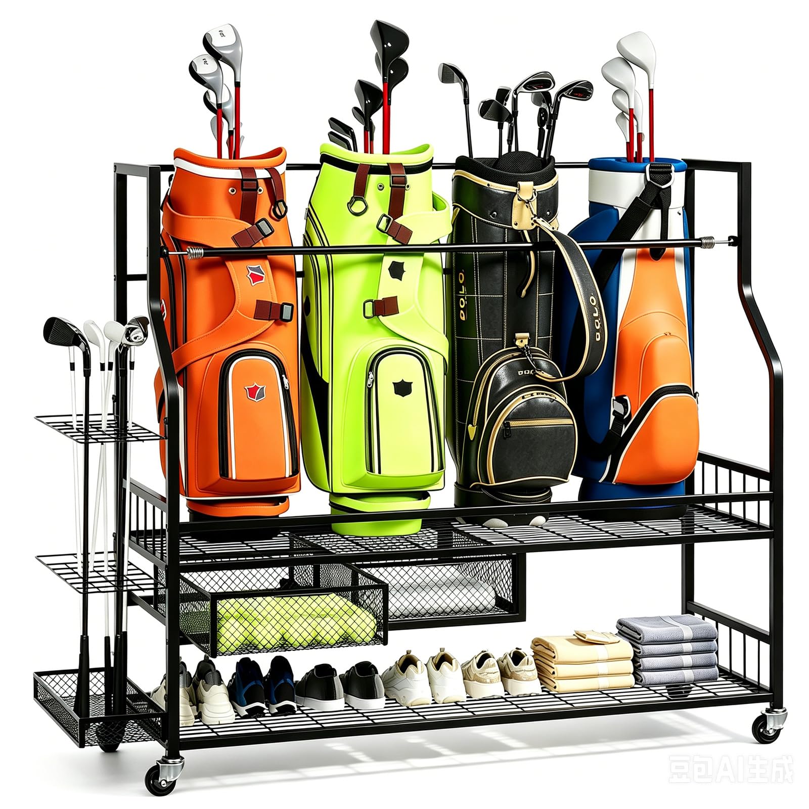 Golf Equipment Organizer For Garage - 차고용 골프백 보관 정리함, 잠금식 바퀴가